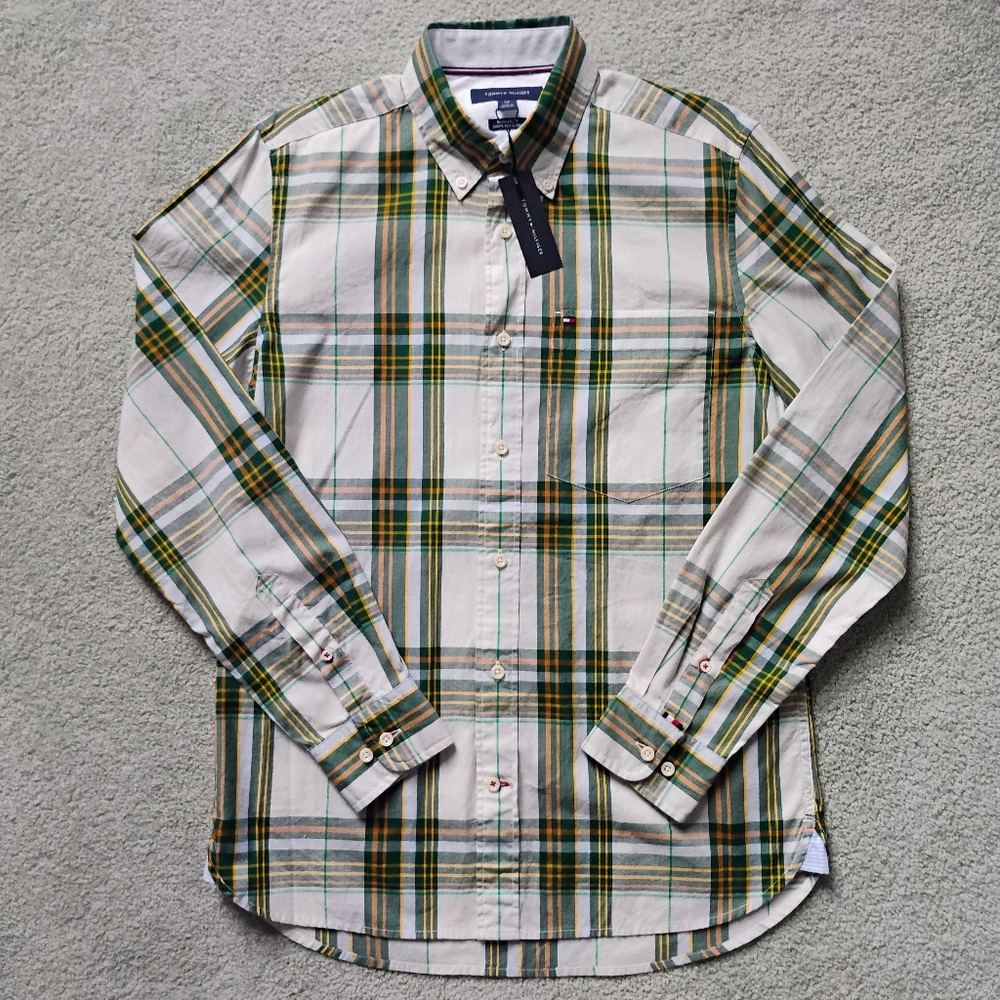 NWT S Tommy Hilfiger Green And Yellow Plaid Button Up LS Shirt NEW